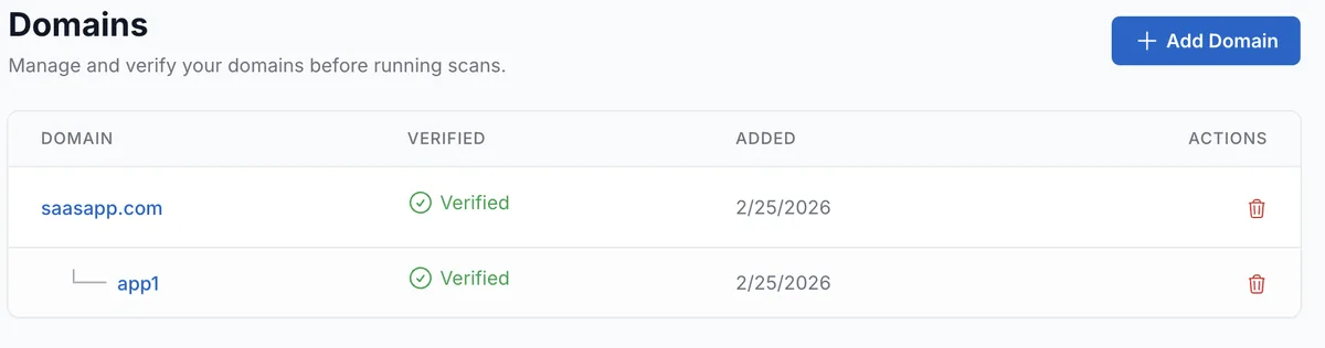 Domain Management — Target configuration and scan settings