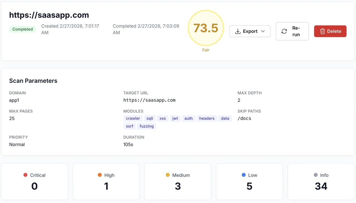 Scan Detail — Vulnerability findings and severity breakdown